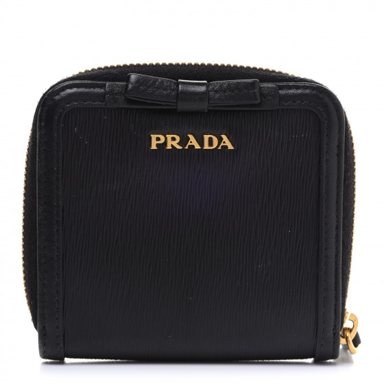PRADA Saffiano Compact Bow Zip Around Wallet Black