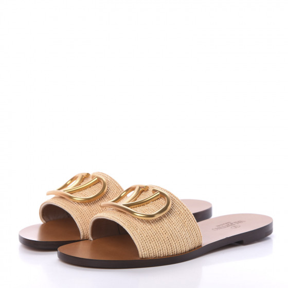 VALENTINO Raffia Vlogo Flat Slide Sandals 35 Natural 584776 | FASHIONPHILE