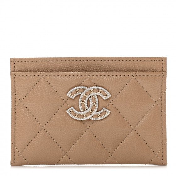 CHANEL Caviar Quilted Crystal Card Holder Beige