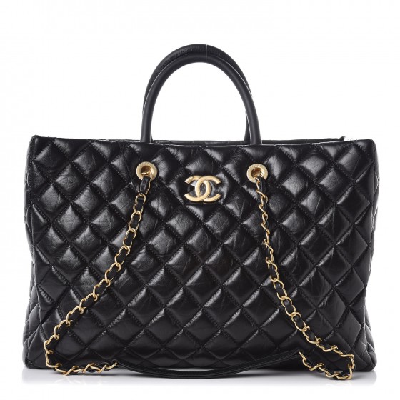 CHANEL Aged Calfskin Quilted Large Coco Handle Shopping Tote Black 347384