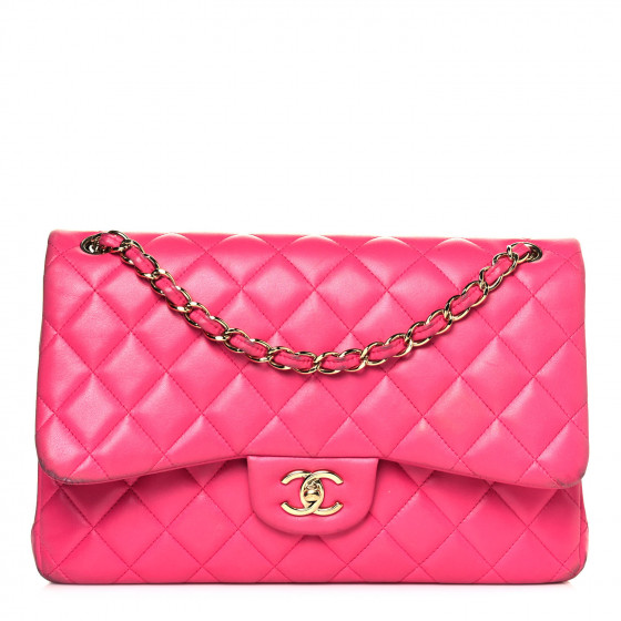 CHANEL Lambskin Quilted Jumbo Double Flap Dark Pink