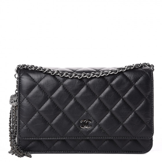 CHANEL Aged Calfskin Quilted Tassel Wallet On Chain WOC Black 551497