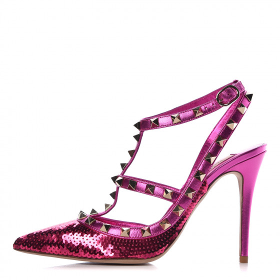 rockstud metallic grainy calfskin leather ankle strap pump 66 mm