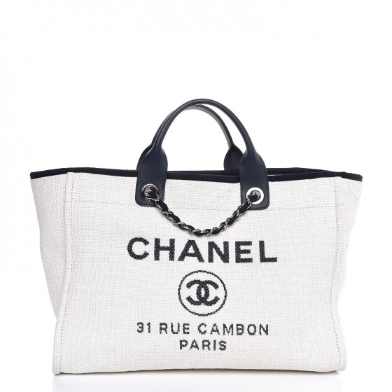 CHANEL Canvas Large Deauville Tote White Navy 296896