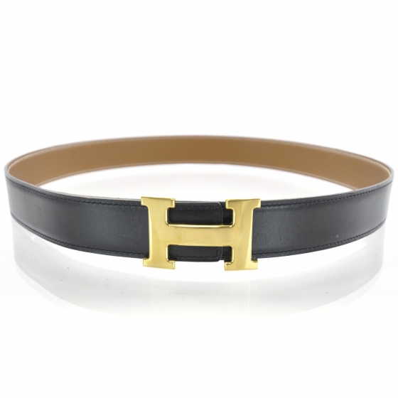HERMES Leather Reversible H Belt 85 Black Gold 32169