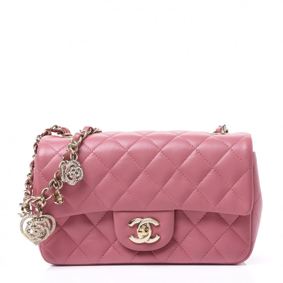 CHANEL Lambskin Quilted Valentine Charms Mini Rectangular Flap Pink 562374