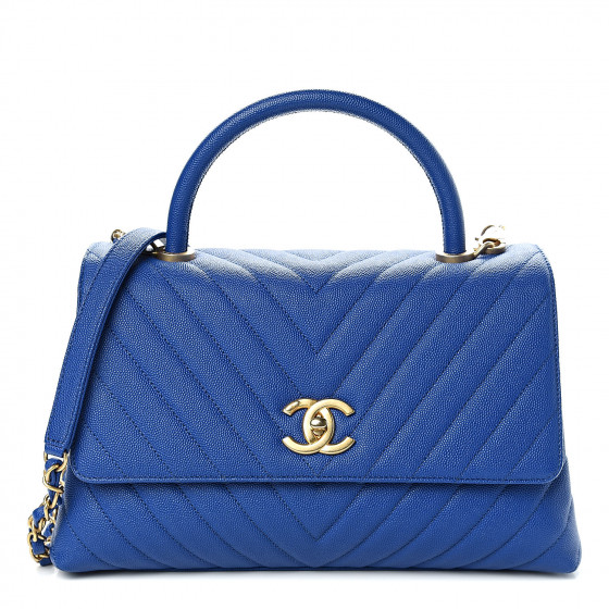 CHANEL Caviar Chevron Quilted Small Coco Handle Flap Blue 468059