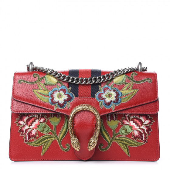 GUCCI Calfskin Small Dionysus Web Floral Embroidered Shoulder Bag Hibiscus Red 420526