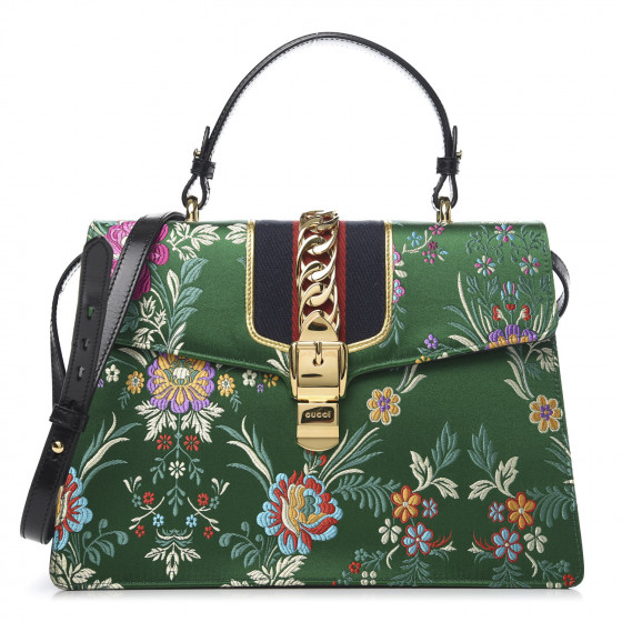 GUCCI Jacquard Floral Medium Sylvie Top Handle Bag Green 612595 ...