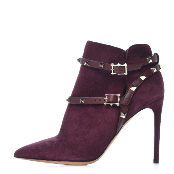 VALENTINO Suede Rockstud Ankle Booties 37.5 Burgundy 414018 | FASHIONPHILE