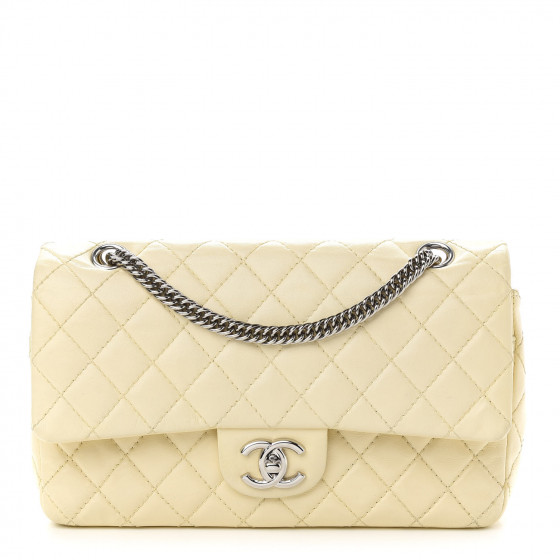 CHANEL Lambskin Quilted Medium Double Flap Bijoux Chain Ivory