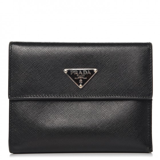 PRADA Saffiano Triangle Flap Compact Wallet Nero Black 241044