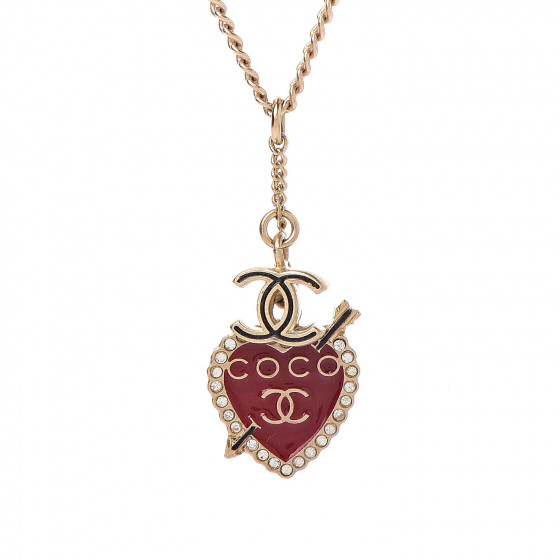 CHANEL Enamel Heart CC Charm Necklace Gold 412164