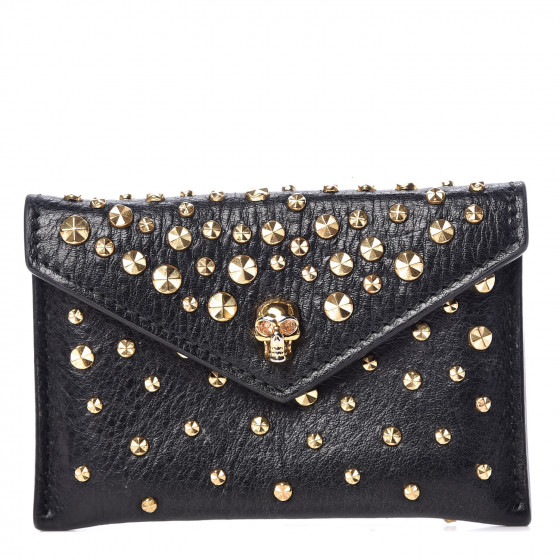 ALEXANDER MCQUEEN Calfskin Studded Skull Envelope Card Holder Black 423441