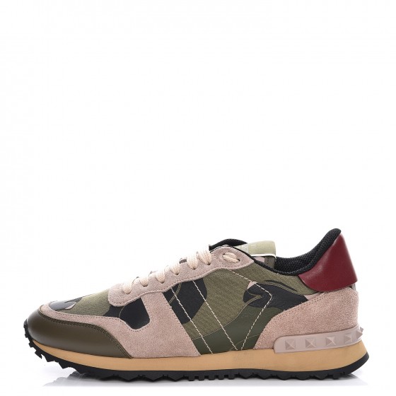 VALENTINO Calfskin Suede Camouflage Rockstud Sneakers 38 Military Green ...