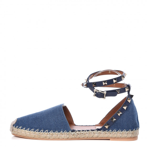 VALENTINO Denim Rockstud Double Flat Espadrilles 38 Blue 409374