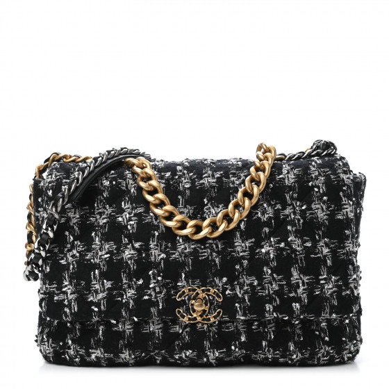 CHANEL Tweed Quilted Maxi Chanel 19 Flap Black Silver Ecru