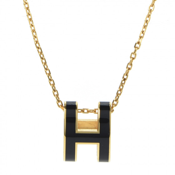 HERMES Lacquered Gold Pop H Pendant Necklace Black 590549 | FASHIONPHILE