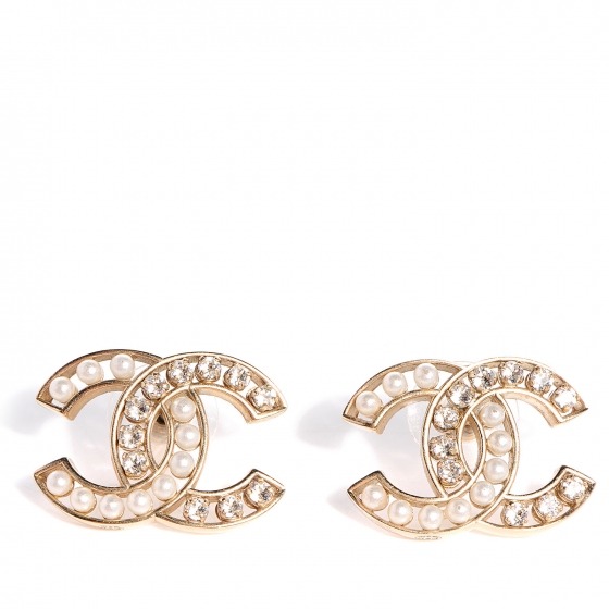 CHANEL Pearl Crystal CC Earrings Gold 78488