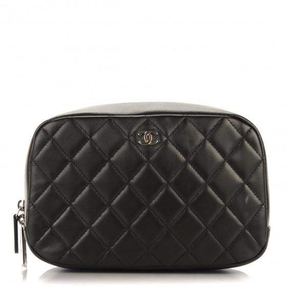 CHANEL Lambskin Quilted Curvy Pouch Cosmetic Case Black 157957