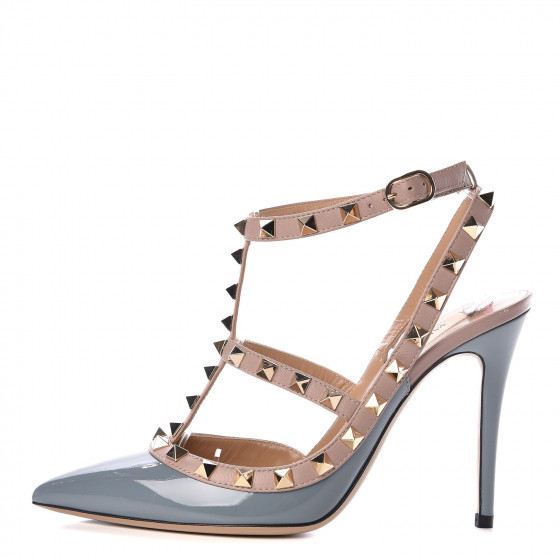 VALENTINO Patent Rockstud Ankle Strap Pumps 37 Stone Poudre 405769