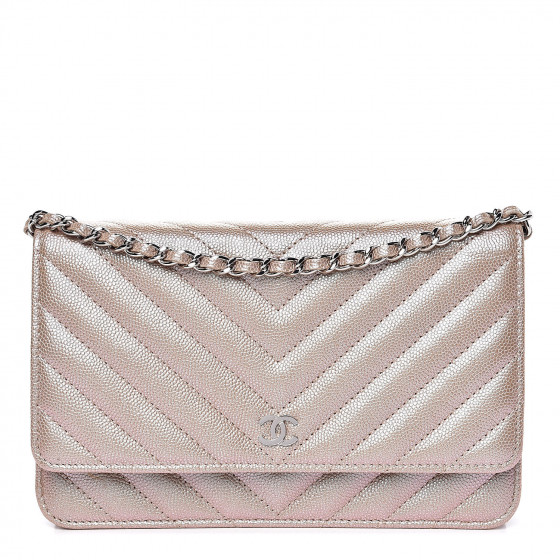 CHANEL Metallic Caviar Chevron Quilted Wallet On Chain WOC Light Gold ...