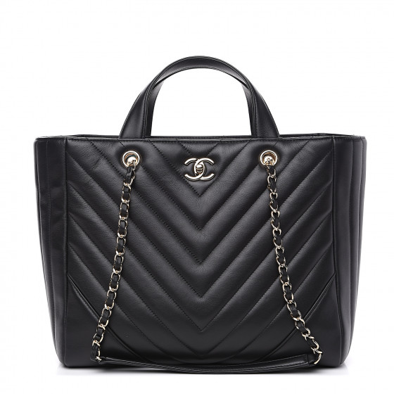 CHANEL Calfskin Chevron Quilted Statement Shopping Tote Black 570854