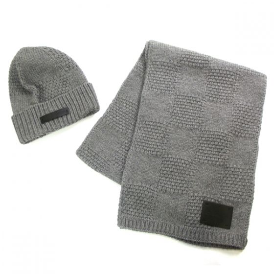 LOUIS VUITTON Wool Hat and Scarf Set Gray 20444