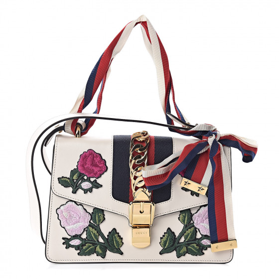 GUCCI Calfskin Embroidered Small Sylvie Shoulder Bag White 490586