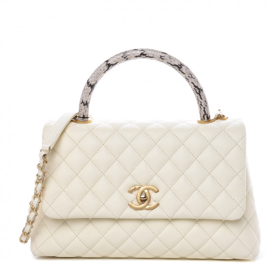 CHANEL Caviar Elaphe Quilted Small Coco Handle Flap Ivory 452312