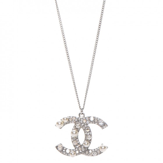 CHANEL Crystal Pearl CC Pendant Necklace Silver 230775