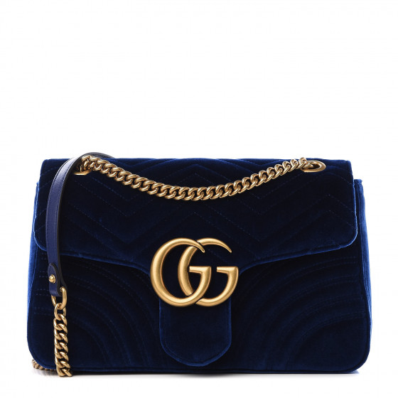 GUCCI Velvet Matelasse Medium GG Marmont Shoulder Bag Cobalt Blue 572358