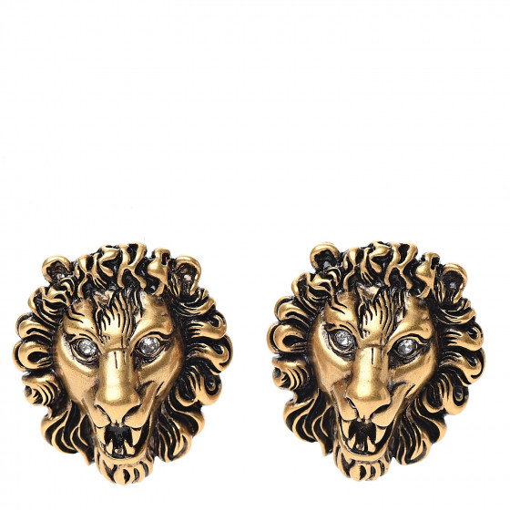 GUCCI Crystal Lion Clip On Earrings Aged Gold 572540