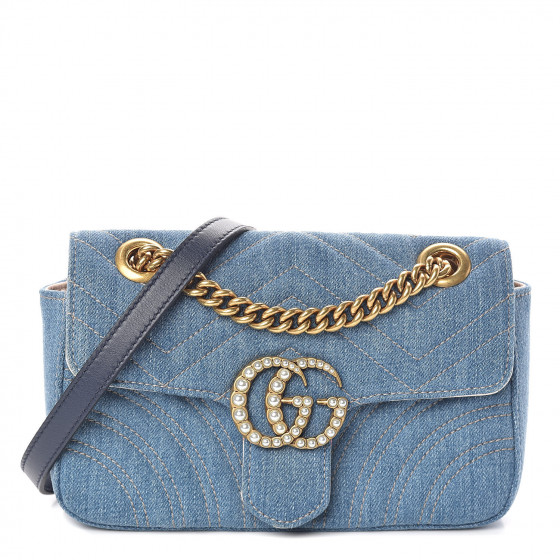 GUCCI Denim Matelasse Pearl Studded Mini GG Marmont Chain Shoulder Bag ...