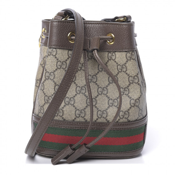 GUCCI GG Supreme Monogram Web Ophidia Mini Bucket Bag Brown 627221