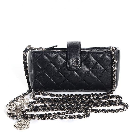 CHANEL Lambskin Quilted Mini Phone Holder Crossbody Bag Black 79068