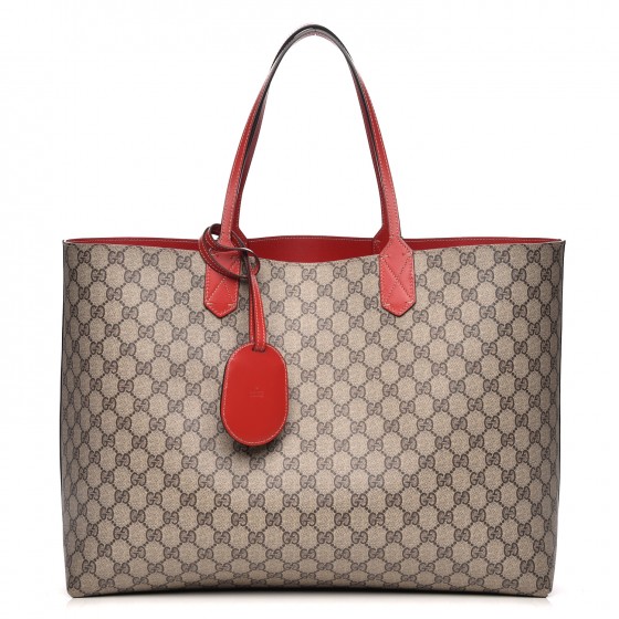 GUCCI Textured Calfskin Monogram Canvas Large Reversible GG Tote Red 209785