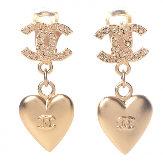 CHANEL Crystal Heart CC Drop Earrings Gold 389674