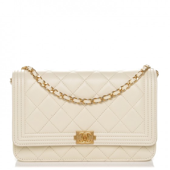 CHANEL Lambskin Quilted Boy Wallet On Chain WOC White 183658