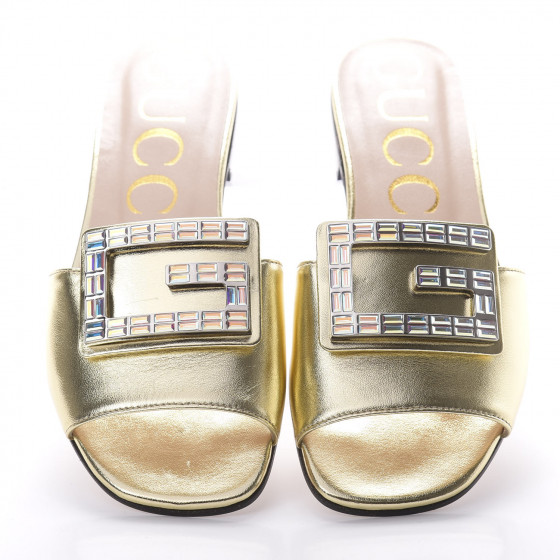 GUCCI Metallic Calfskin Crystal Square G Madelyn Slide Sandals 36 Gold ...