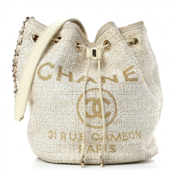 CHANEL Lurex Boucle Deauville Drawstring Bag Ivory