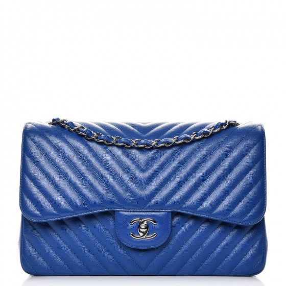 CHANEL Caviar Chevron Quilted Jumbo Double Flap Bright Blue 215647