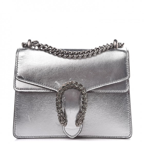 GUCCI Calfskin Metallic Mini Dionysus Shoulder Bag Silver 304229