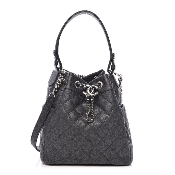 CHANEL Grained Calfskin Quilted CC Chain Bucket Drawstring Bag Black ...
