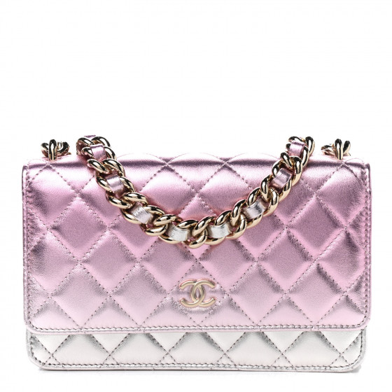 CHANEL Gradient Metallic Lambskin Quilted Like A Wallet Wallet On Chain WOC Gold Pink