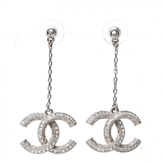 CHANEL Crystal BAGUETTE Drop Dangle Earrings SILVER Chain Double