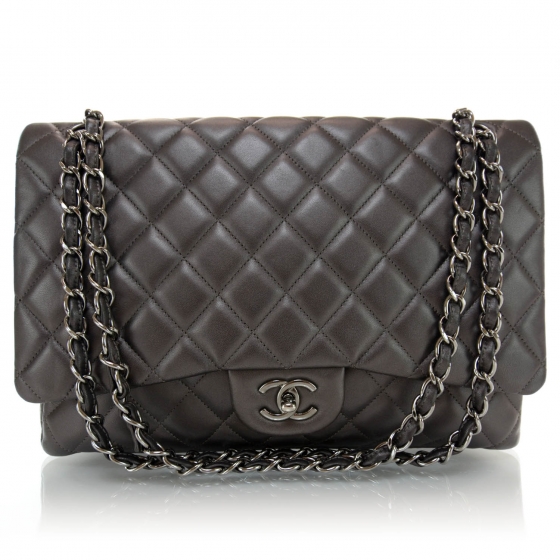 CHANEL Lambskin Maxi Single Flap Dark Metallic Grey 37524