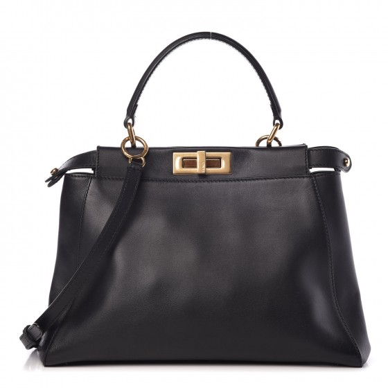 FENDI Calfskin Medium Peekaboo Iconic Satchel Black 401686