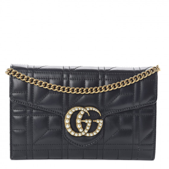 GUCCI Calfskin Matelasse Pearl Mini GG Marmont Chain Bag Black 504826