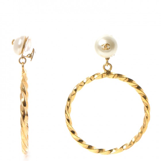 Chanel Pearl Cc Twist Large Hoop Clip On Earrings Gold 244875